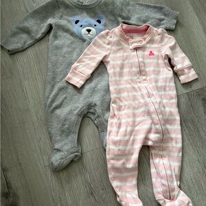 OshKosh B'gosh Gray Bear and Baby Gap Pink Striped Footies Bundle
